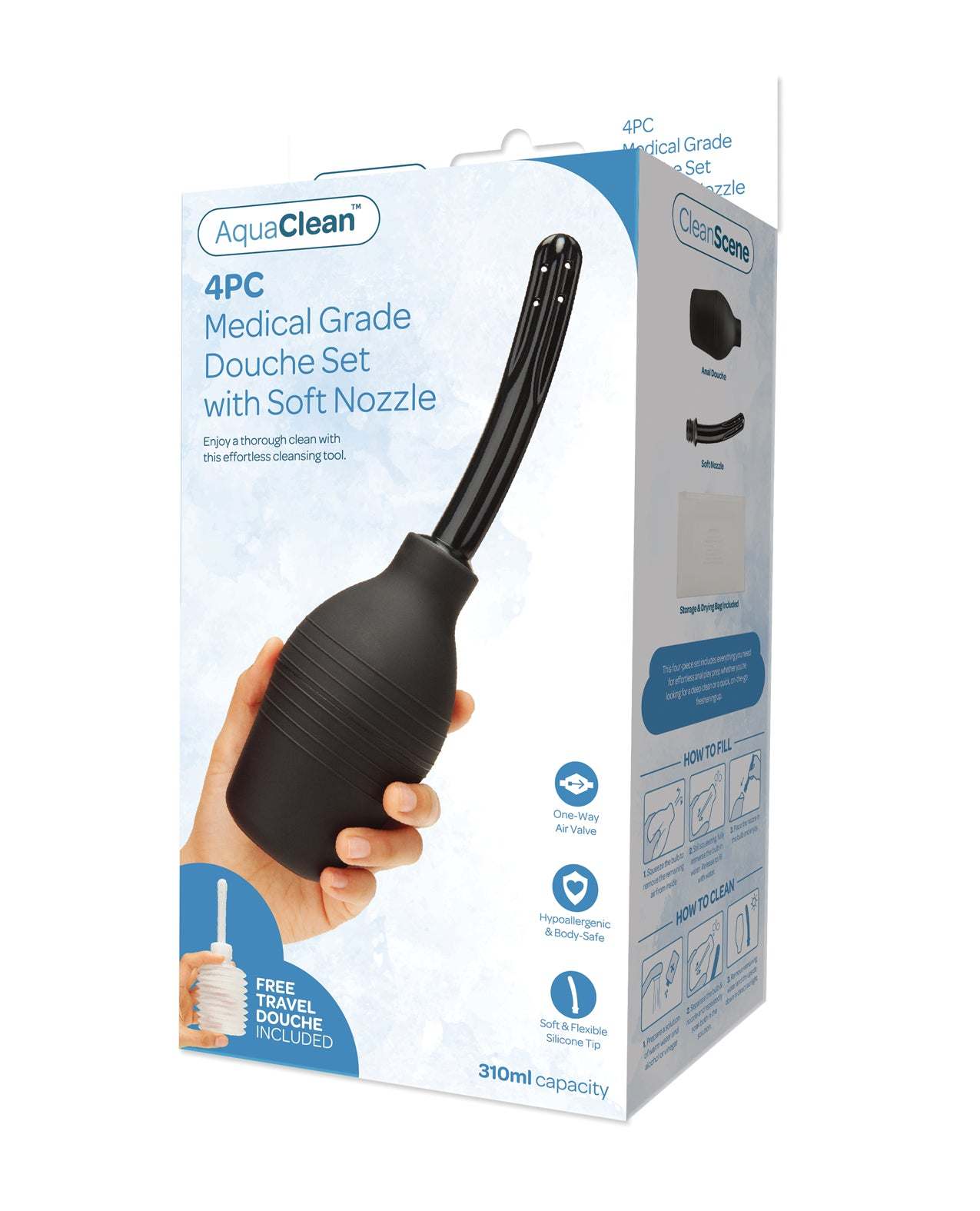 CleanScene 4 Pc Medical Grade Douche Set with soft nozzle and 310ml capacity in packaging, showing squeezable bulb held in hand with travel-sized douche included.