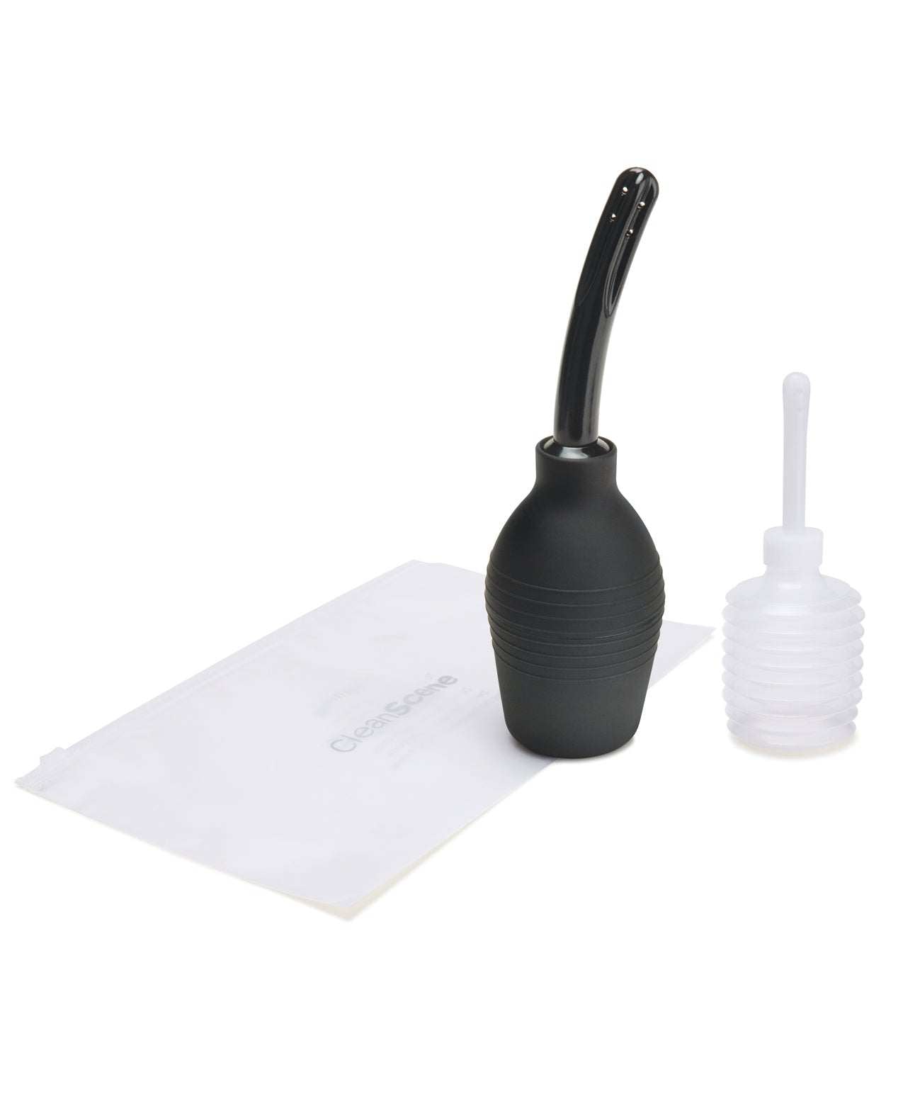 CleanScene 4 Pc Medical Grade Douche Set with two squeezable bulbs and soft nozzles for personal hygiene and travel use.