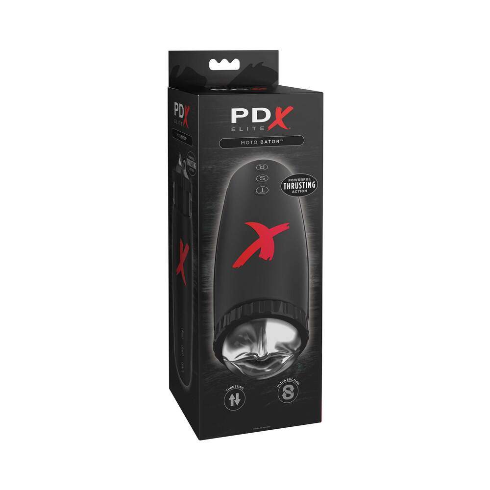 PDX Elite Moto-Bator thrusting suction masturbator in clear and black packaging