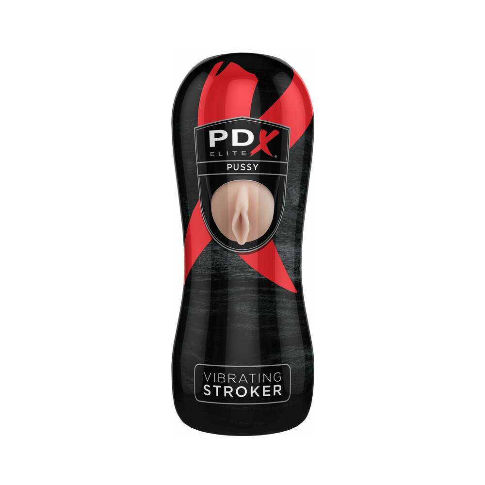 PDX Elite vibrating stroker pussy in beige and black with included vibrating bullet and compact sleeve design.
