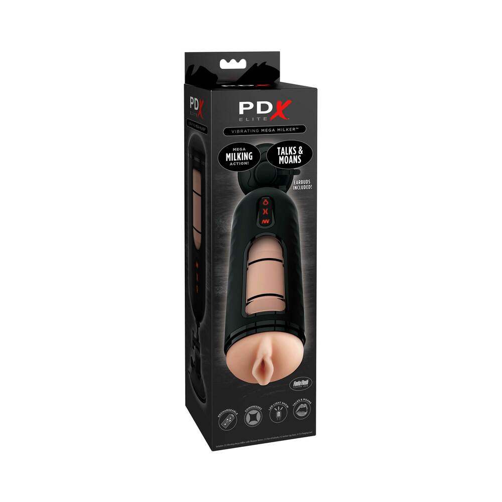 PDX Elite Vibrating Mega Milker rechargeable stroker with hands-free suction cup in beige and black, featuring lifelike Fanta Flesh interior and multiple vibration patterns.