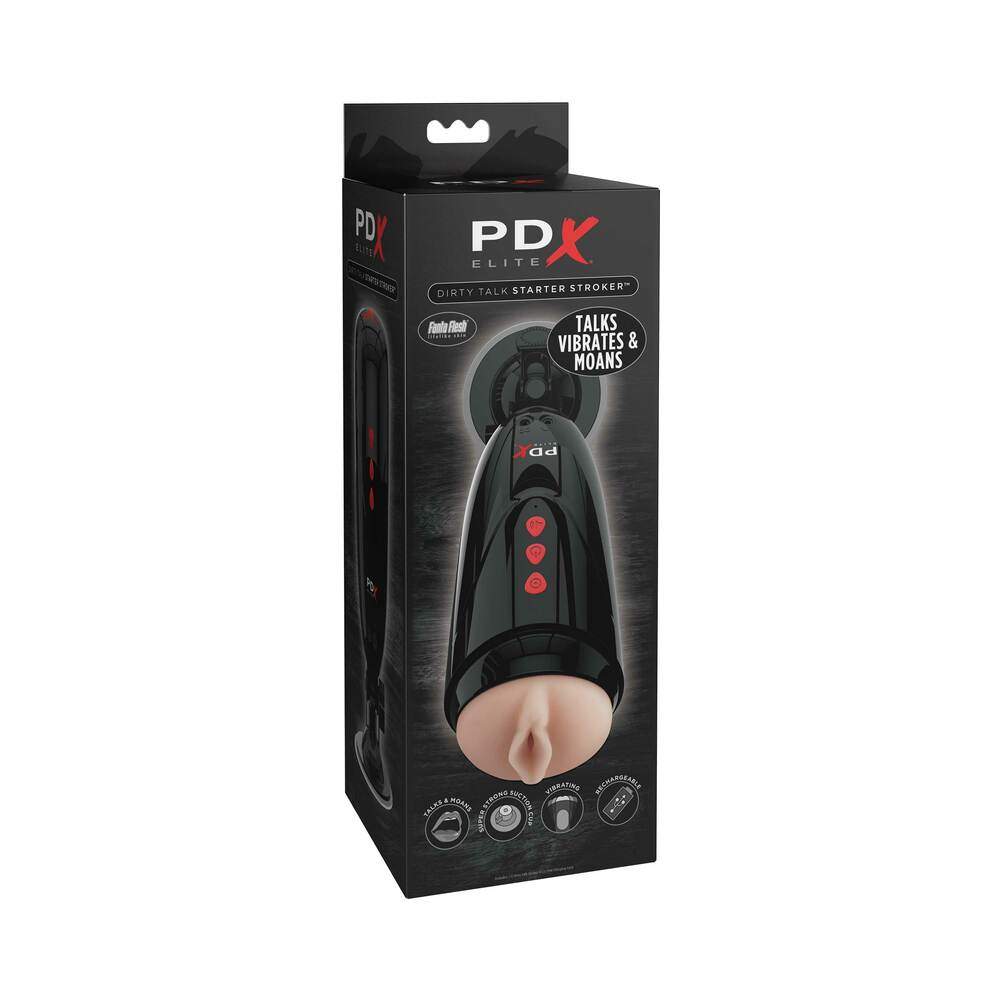 PDX Elite Dirty Talk Rechargeable Vibrating Starter Stroker with hands-free suction cup in beige and black.