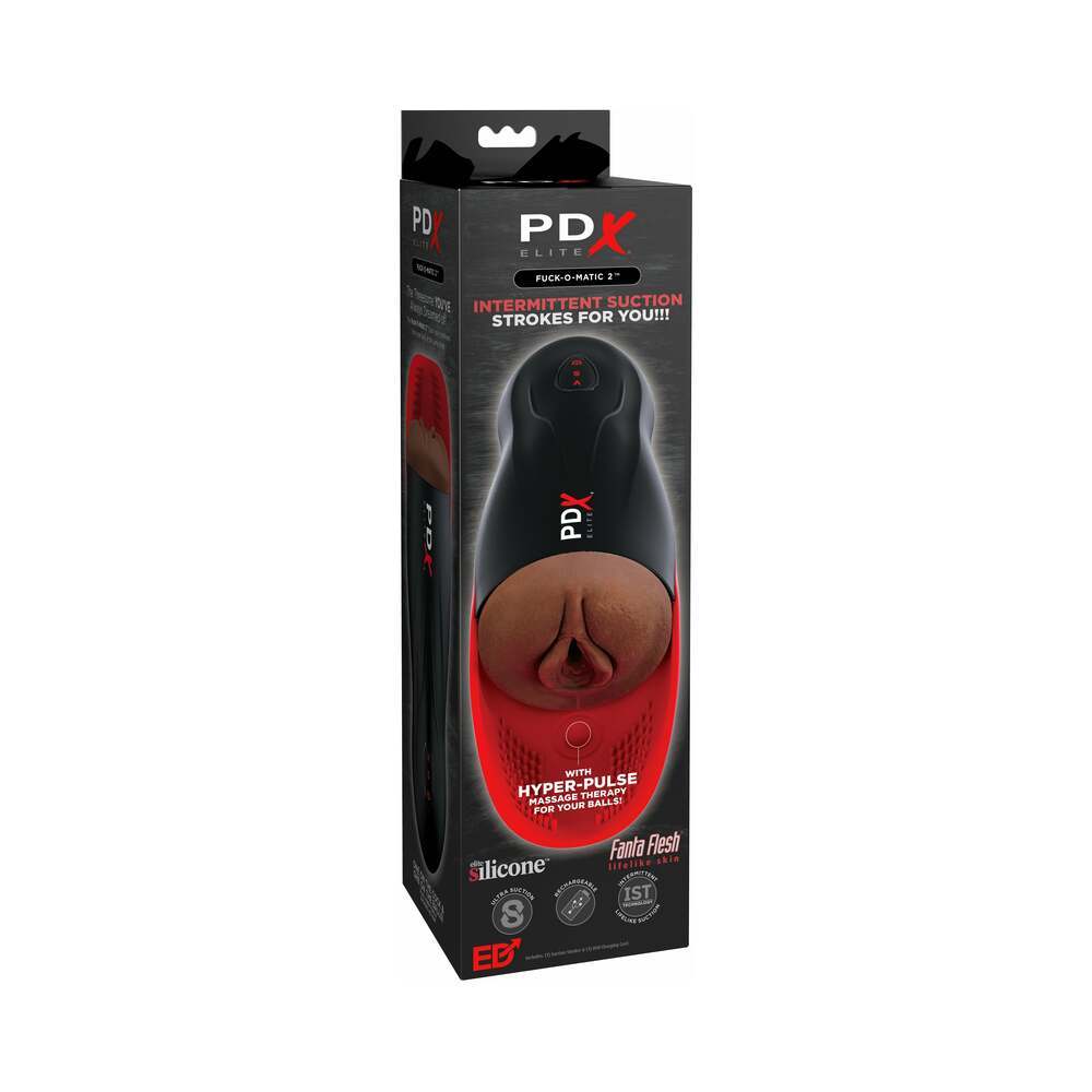 PDX Elite Fuck-O-Matic 2 rechargeable vibrating suction stroker with silicone pulsation cradle in black and red packaging