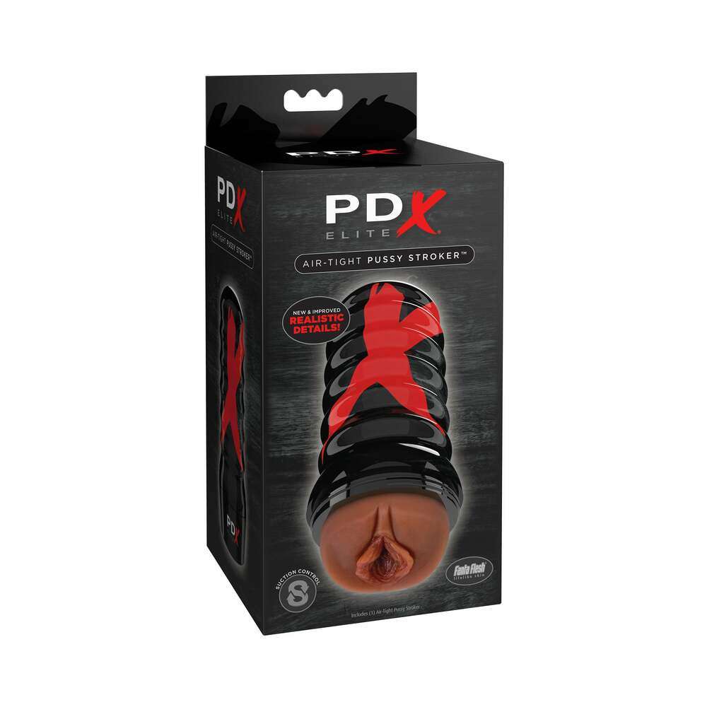 PDX Elite Air Tight Pussy Stroker in brown with realistic texture and air-tight suction technology.