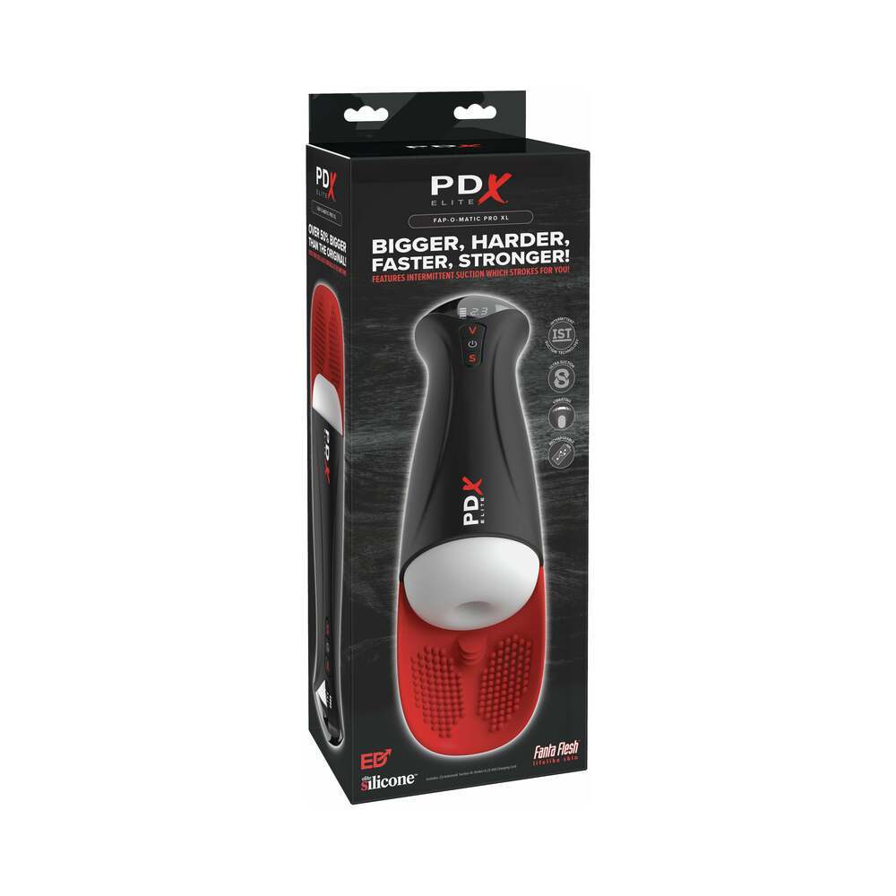 PDX Elite Fap-O-Matic Pro XL male masturbator with suction and vibration modes in black and red packaging
