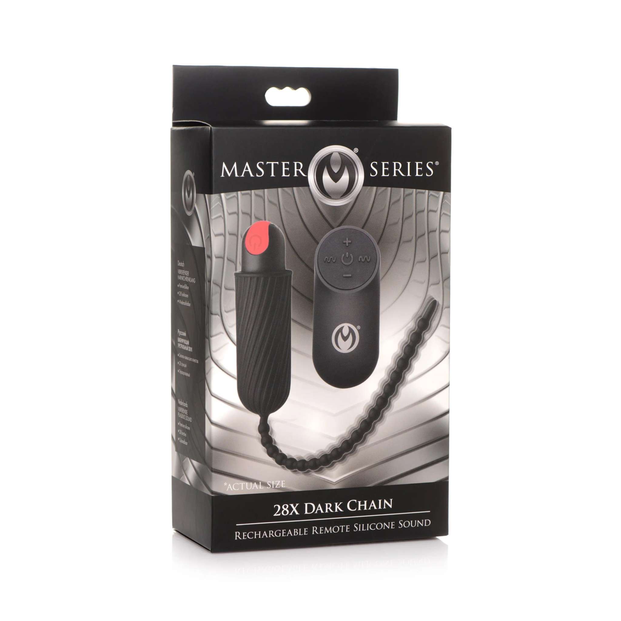 28x Dark Chain rechargeable remote silicone sound in black with 80 beaded vibrations for intimate stimulation