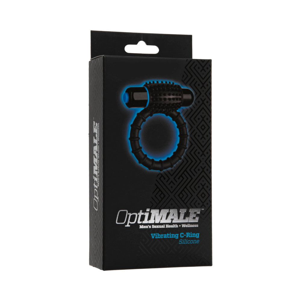 OptiMALE Vibrating C-Ring in black silicone with textured sleeve and removable bullet vibrator in packaging