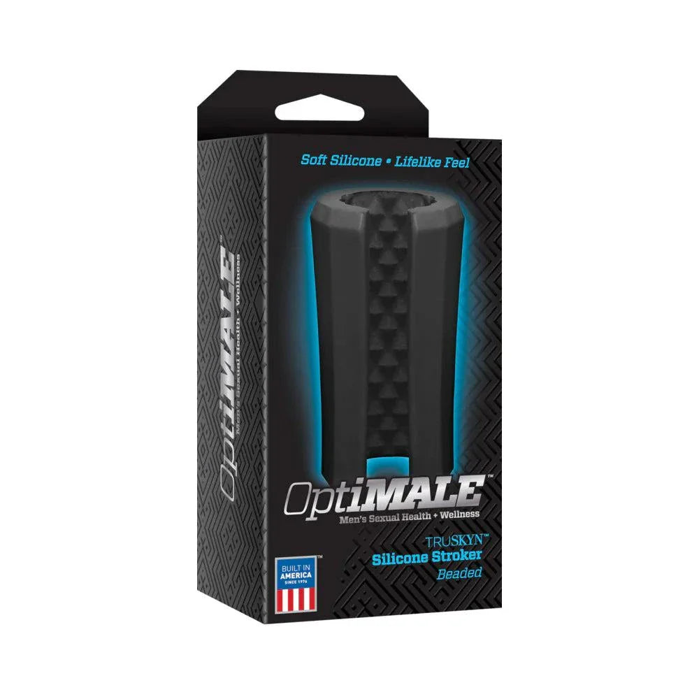 OptiMALE TRUSKYN Silicone beaded black handheld stroker with soft, lifelike textured interior and discreet design in health-grade silicone