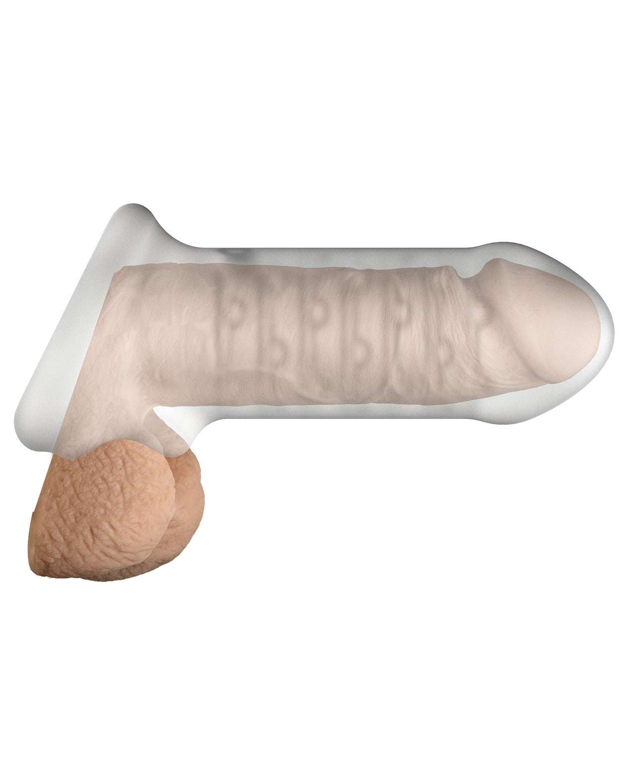 OptiMALE Extender thick frosted sleeve with ball strap and ribbed texture for enhanced size and stimulation