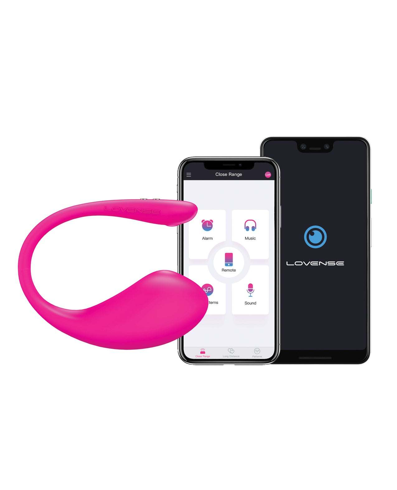 Pink Lovense Lush 3.0 sound-activated remote control vibrator with app interface on smartphones