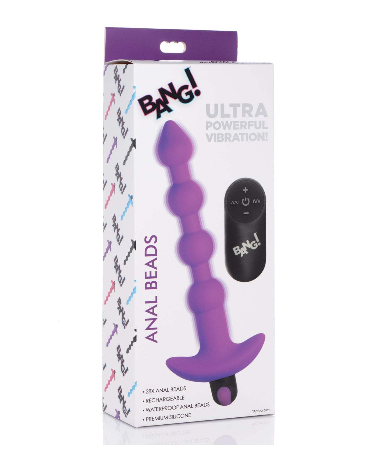 Purple Bang! 28X Vibrating Silicone anal beads with wireless remote control in retail packaging