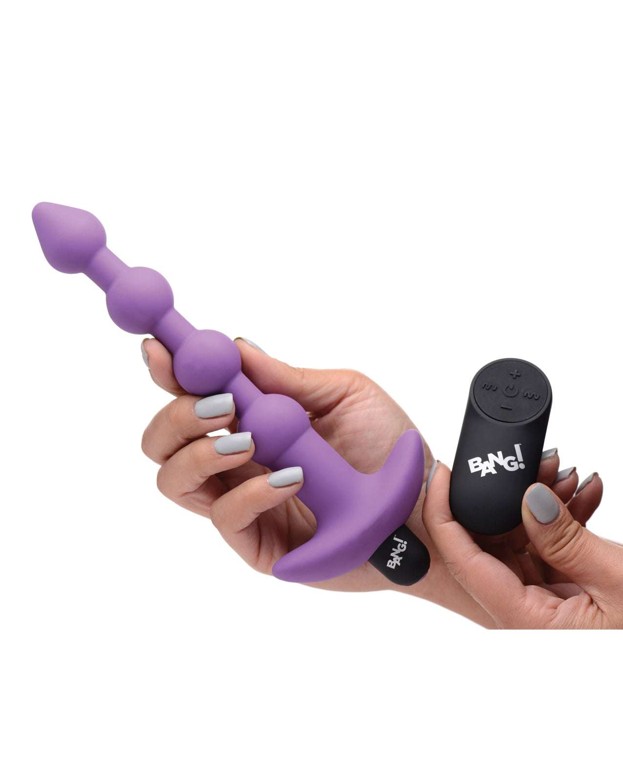 Purple Bang! 28X Vibrating Silicone anal beads with remote control held in hand