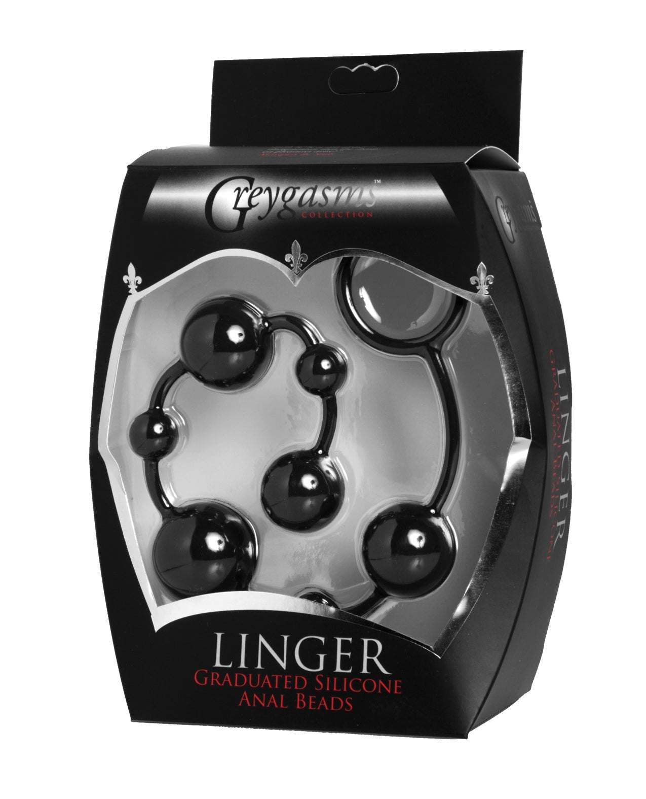 GreyGasms Linger extra long graduated silicone anal beads with retrieval loop in black packaging