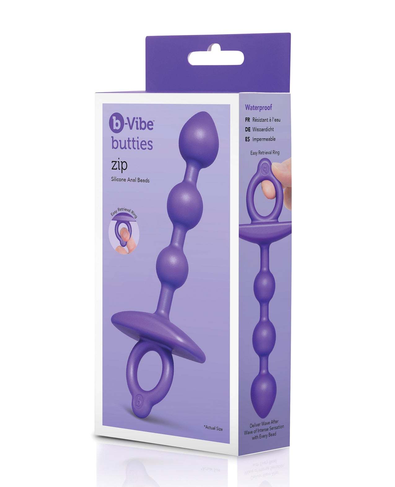 b-Vibe Zip Silicone Anal Beads in purple with tapered silicone beads and strong finger ring handle, waterproof and body-safe design