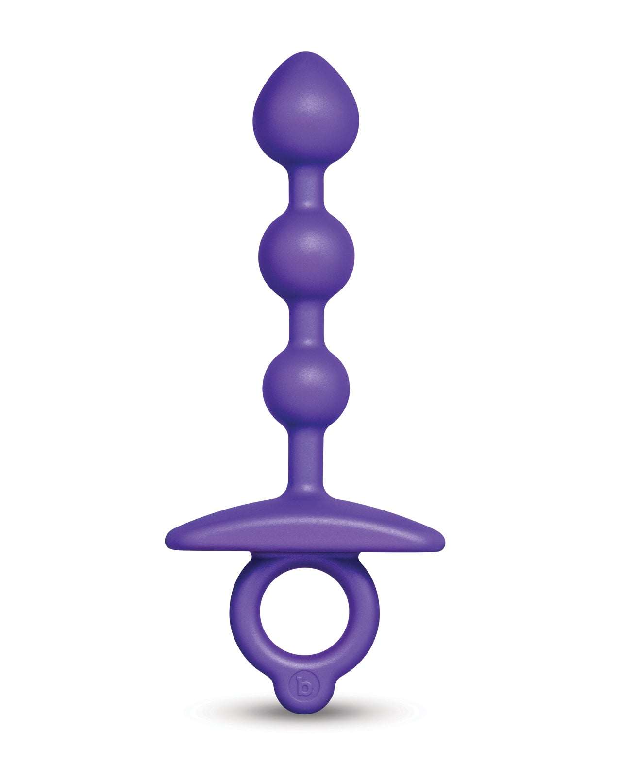 b-Vibe Zip Silicone Anal Beads in purple with tapered design and finger ring handle for easy removal, made from body-safe silicone.