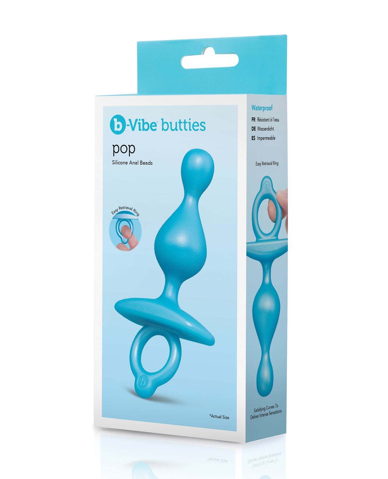 b-Vibe Pop Silicone anal beads in blue with finger loop, waterproof and body-safe design for gradual pleasure and easy control