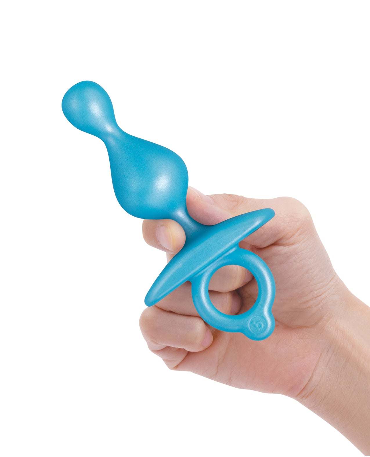 Hand holding blue b-Vibe Pop Silicone anal beads with finger loop base for easy control and removal
