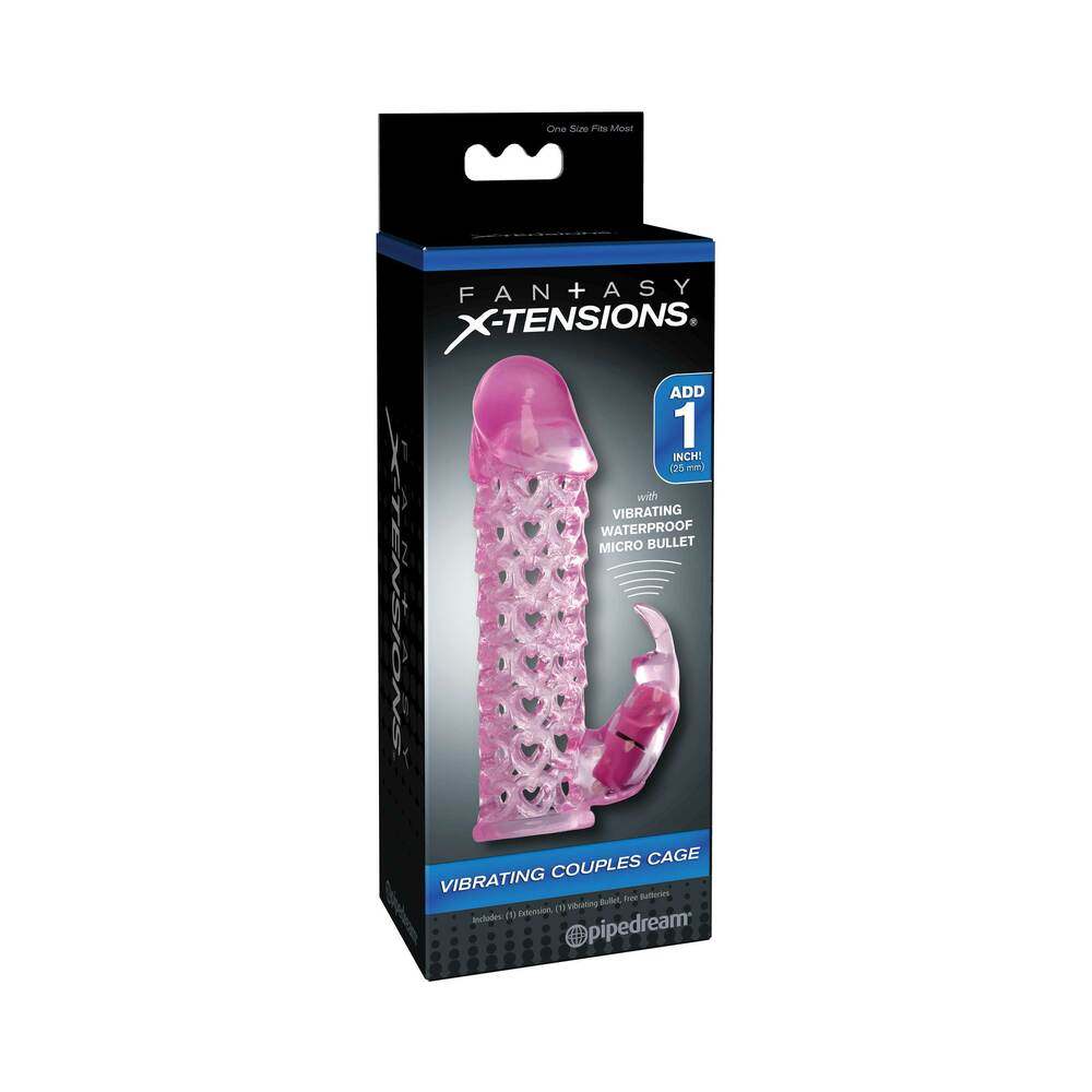 Pink Fantasy X-tensions Vibrating Couples Cage with 1-inch extension and waterproof micro bullet vibrator in retail packaging