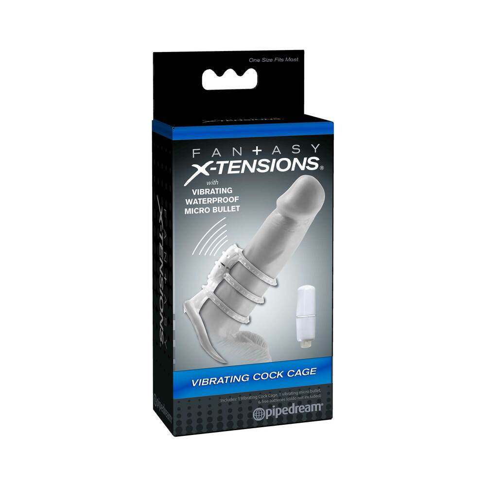 Fantasy X-tensions Vibrating clear cock cage with stretchy rings and waterproof micro bullet vibrator in packaging