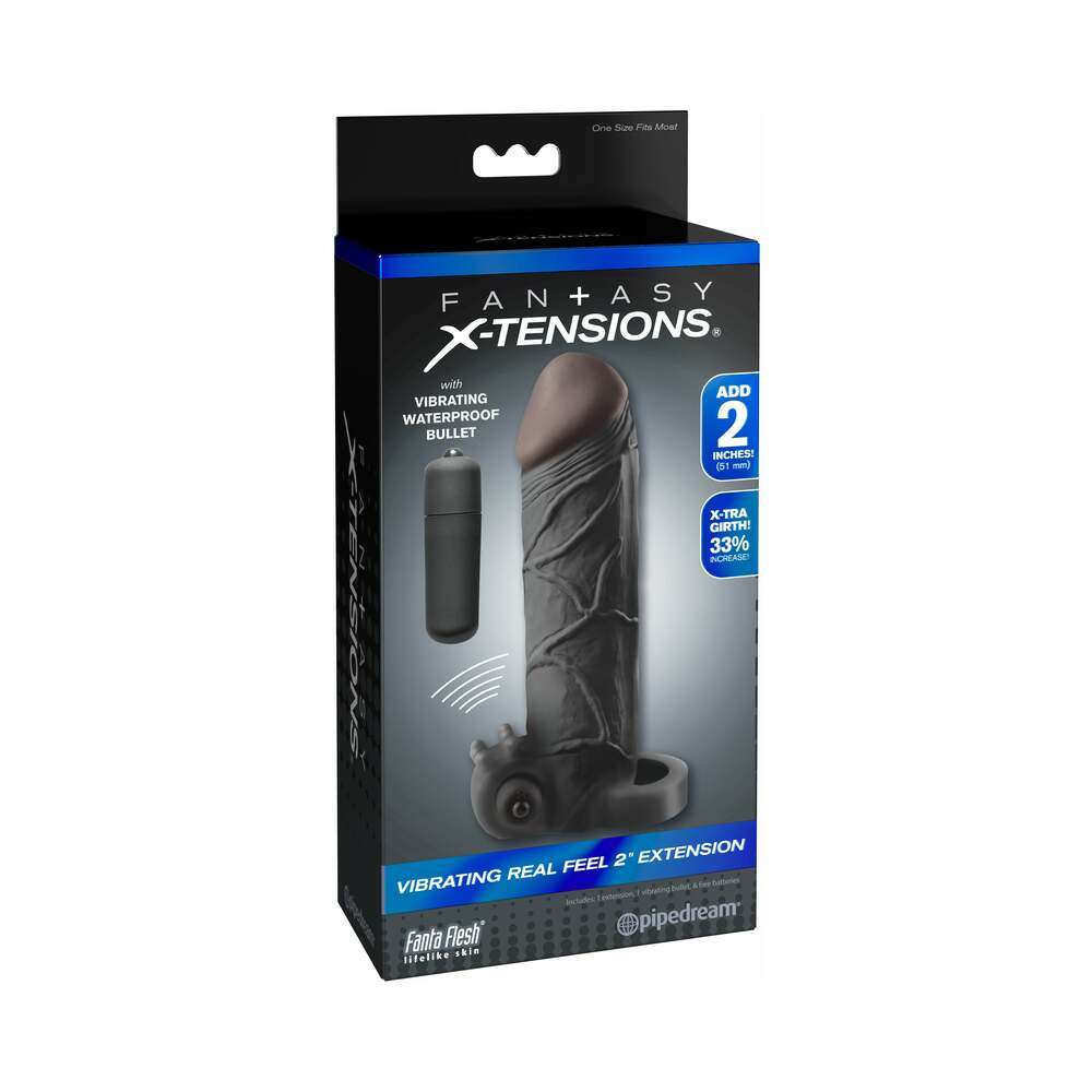 Fantasy X-tensions vibrating 2-inch black real feel extension with ball strap and waterproof bullet vibrator packaging