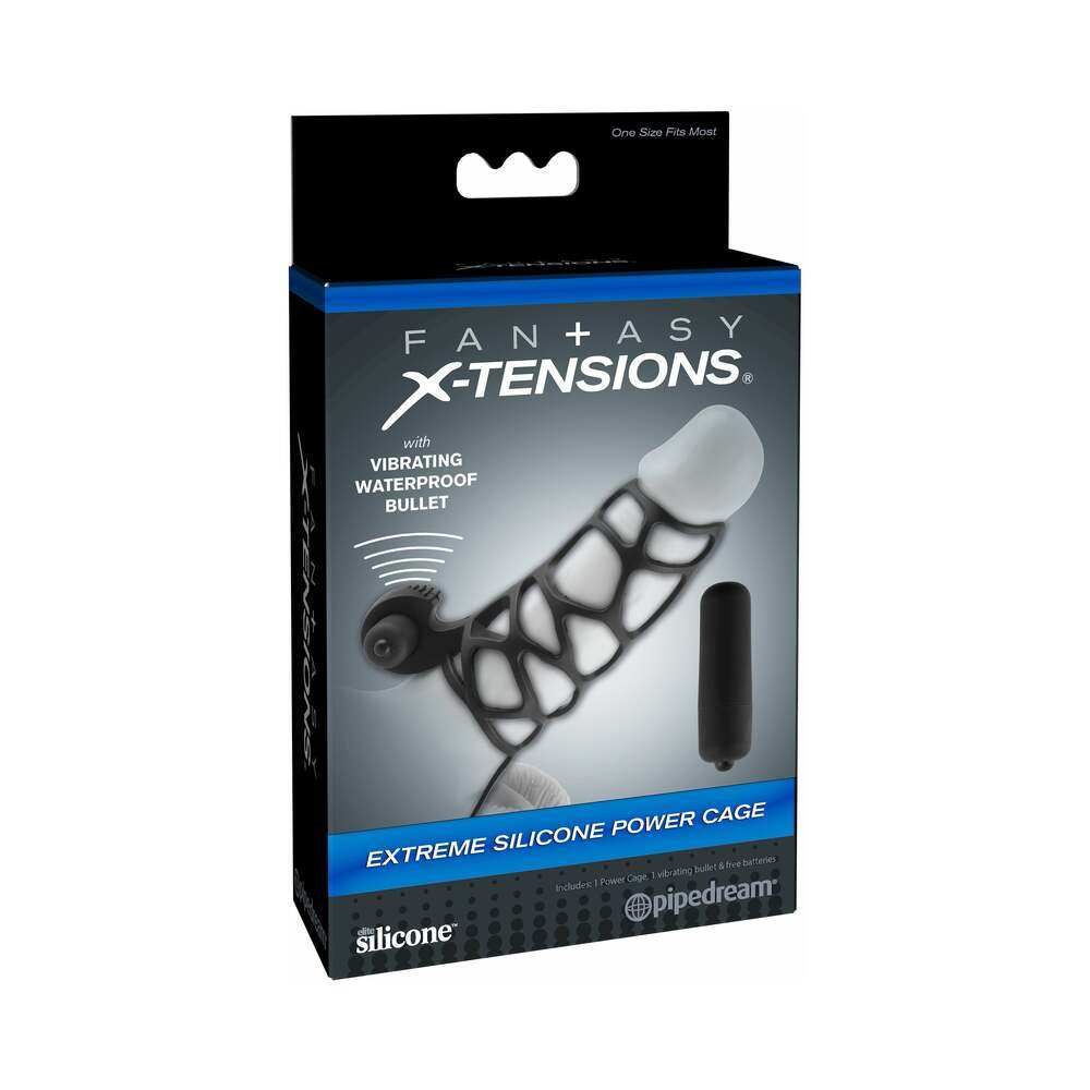 Fantasy X-tensions Vibrating Extreme Silicone Power Cage in black with waterproof vibrating bullet for enhanced pleasure and erection support.