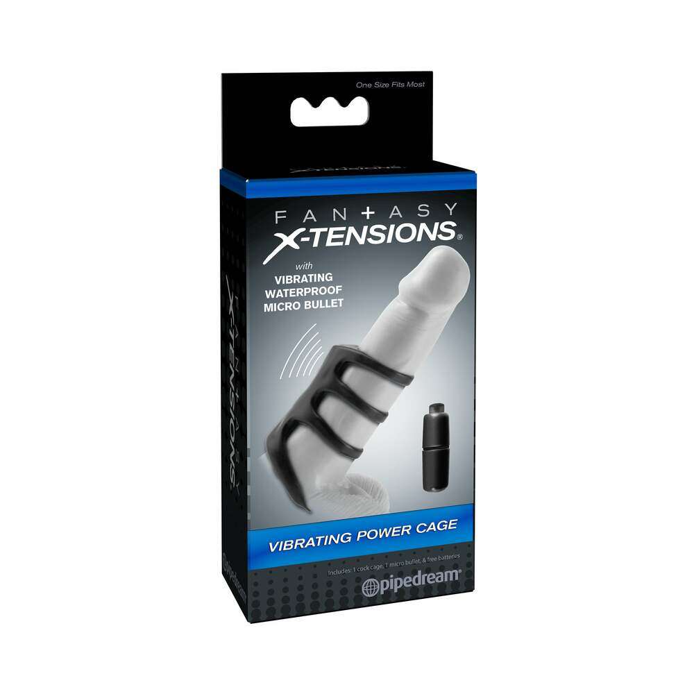 Fantasy X-tensions Vibrating Power Cage Black with waterproof micro bullet and stretchy rings for enhanced erections