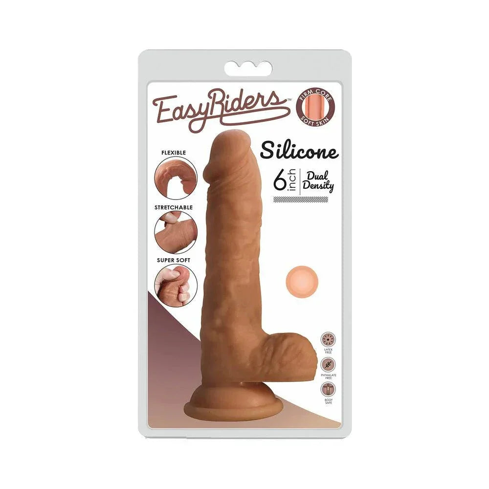 Curve Toys Easy Riders 6 inch dual density silicone dildo with balls and suction cup in realistic flesh tone.