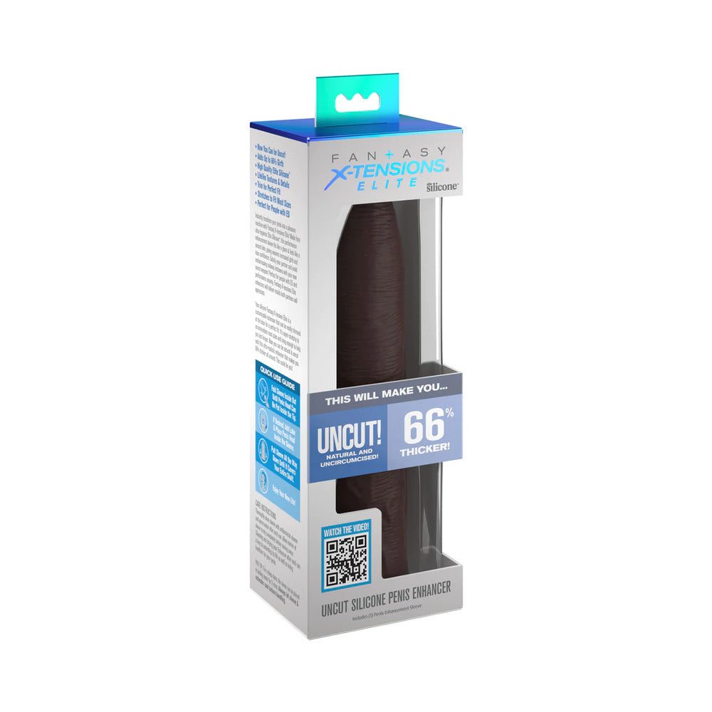 Fantasy X-tensions Elite 7-inch brown uncut open-ended silicone enhancement sleeve in retail packaging