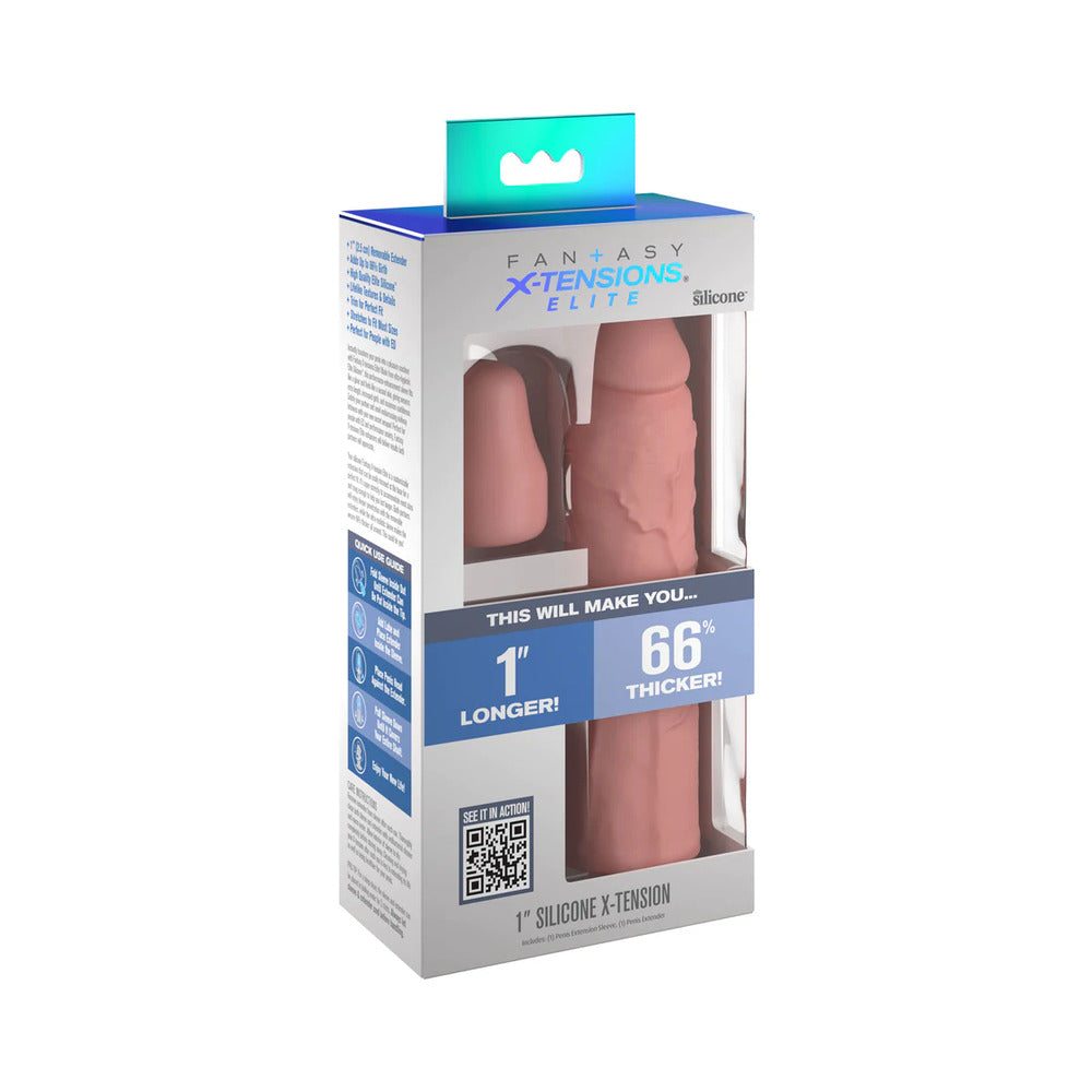 Fantasy X-tensions Elite 7 inch beige silicone sleeve with 1 inch extender for performance enhancement and lifelike texture