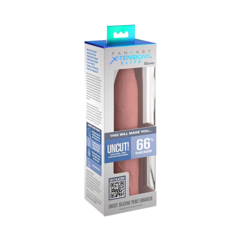 Fantasy X-tensions Elite 7 inch uncut open-ended beige silicone enhancement sleeve packaging