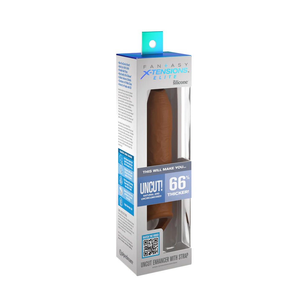 Fantasy X-tensions Elite uncut 7-inch tan silicone enhancement sleeve with strap and 66% thickness increase.