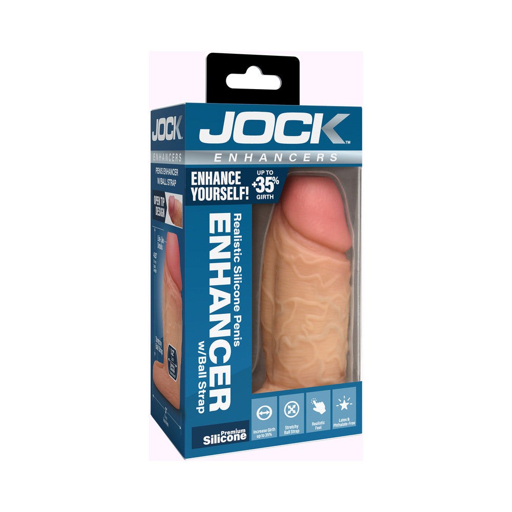 JOCK Silicone Penis Extension Sleeve Light with realistic veins and ball strap in retail packaging