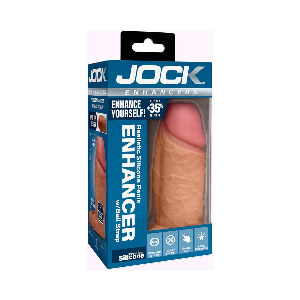 JOCK Silicone Penis Extension Sleeve Medium in realistic silicone with ball strap for enhanced girth and stimulation.