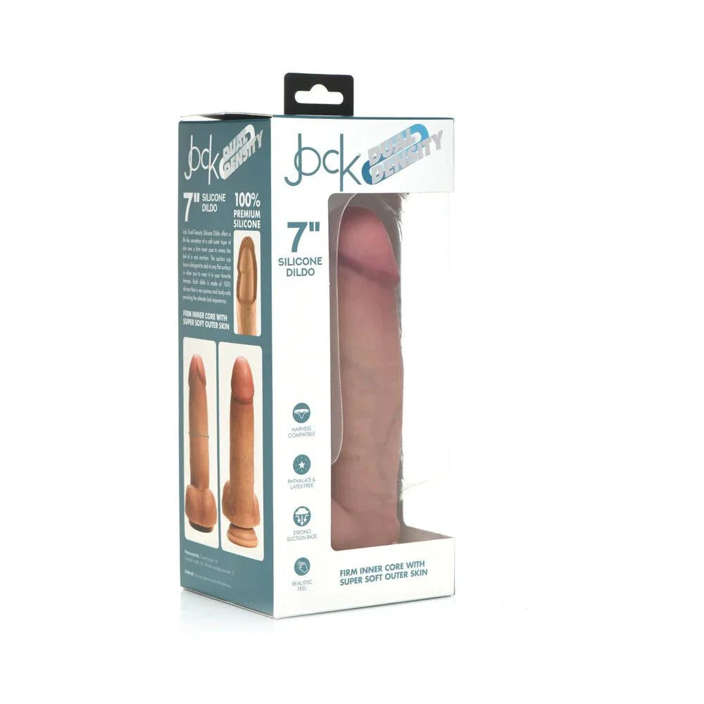 Curve Toys Jock 7-inch dual density silicone dildo with balls and suction cup in packaging