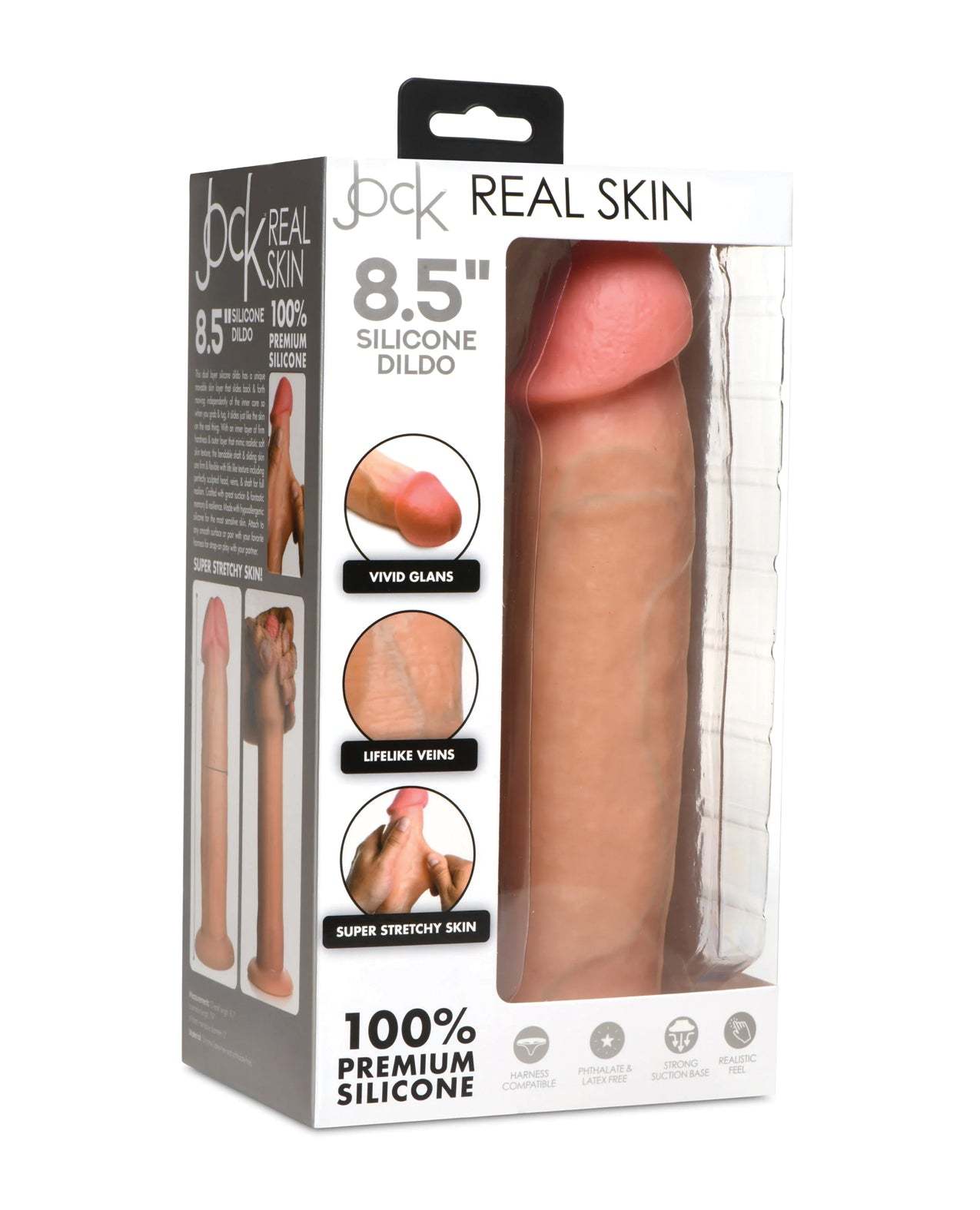 Curve Toys Jock 8.5-inch realistic silicone dildo with lifelike veins, vivid glans, super stretchy skin, and strong suction cup base.