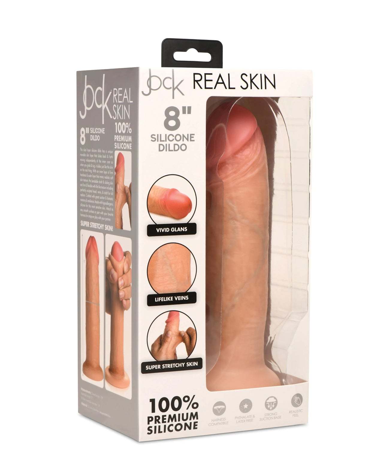 Curve Toys Jock 8-inch realistic silicone dildo with lifelike veins, vivid glans, and super stretchy skin in packaging