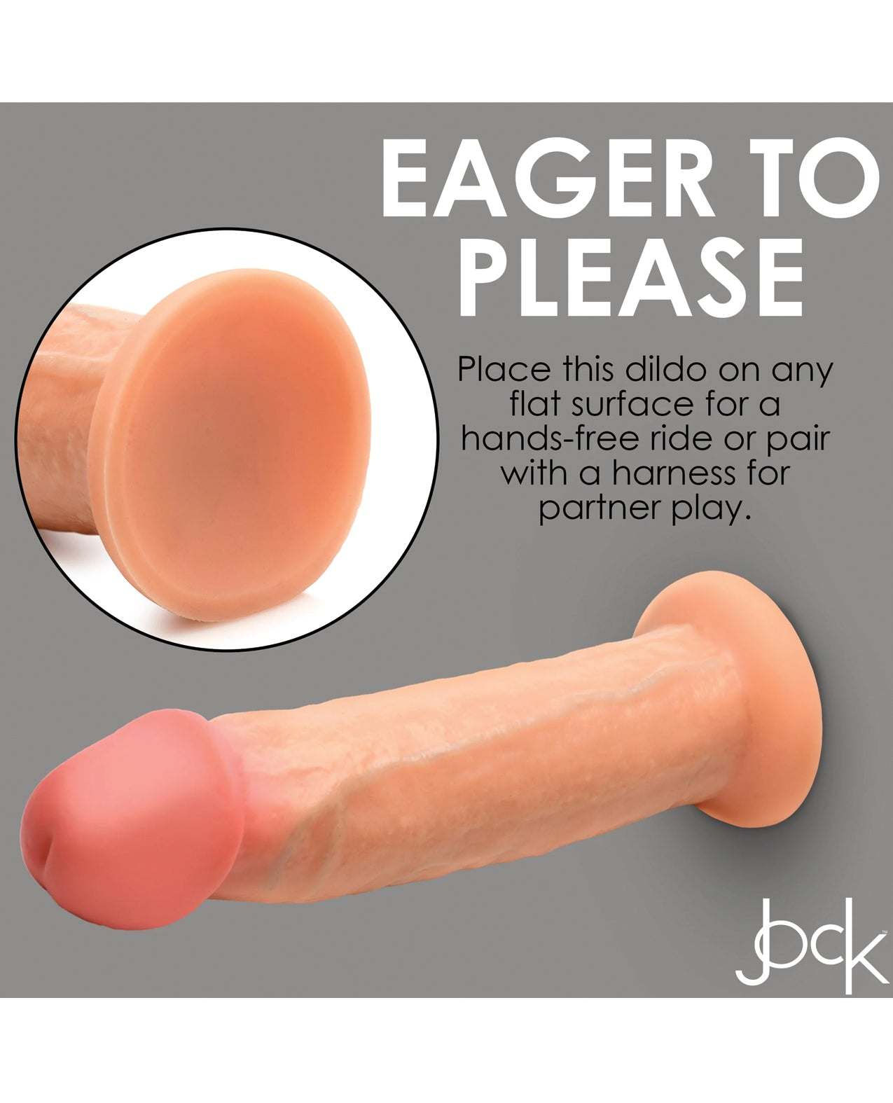 Realistic 8.5-inch silicone dildo with stretchable skin and suction cup base for hands-free use by Curve Toys Jock