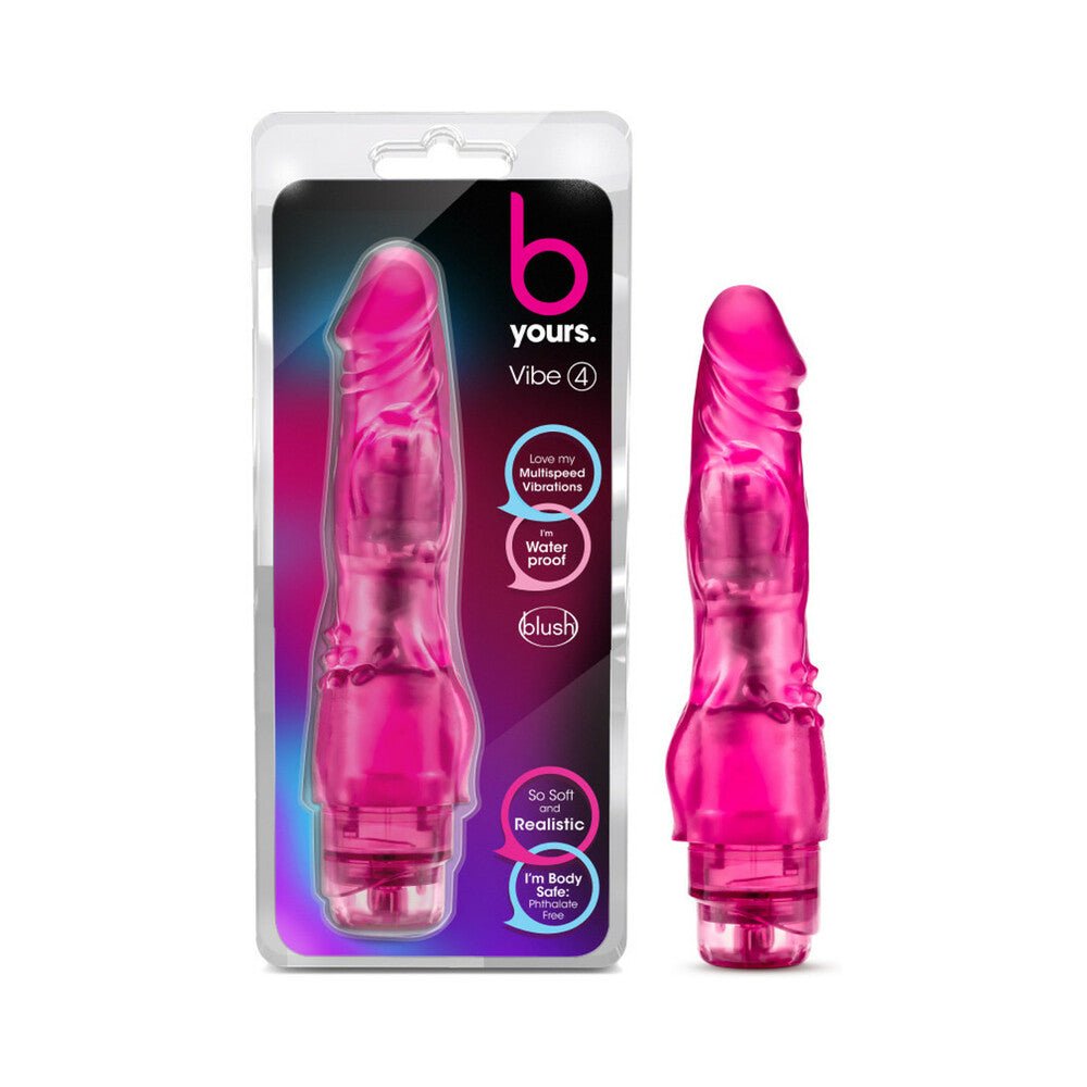 B Yours Vibe 4 realistic 8-inch pink vibrating dildo with flexible shaft and multi-speed waterproof design