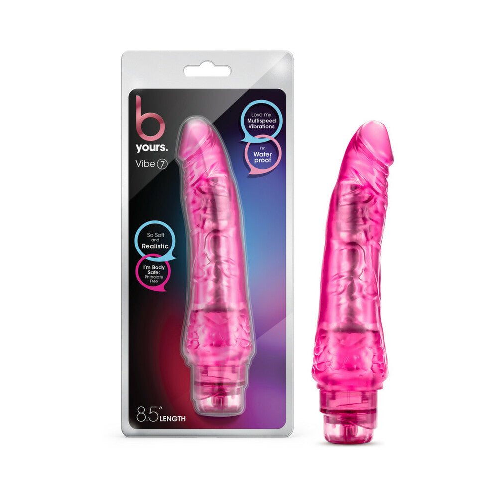 Pink B Yours Vibe 7 realistic textured 8.75-inch waterproof vibrating dildo with adjustable multi-speed vibrations and flexible shaft.