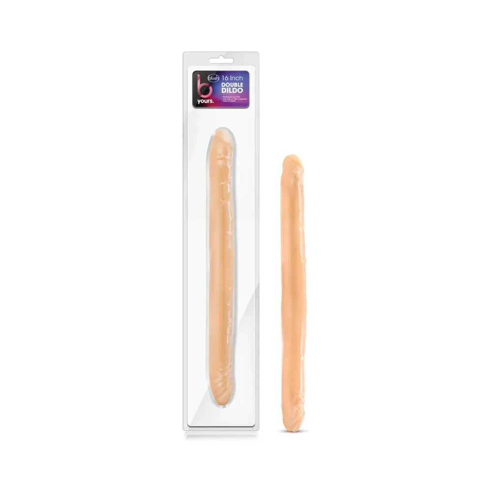 B Yours Double Dildo in flesh color, double-ended realistic design for versatile pleasure, packaged and unpackaged view.