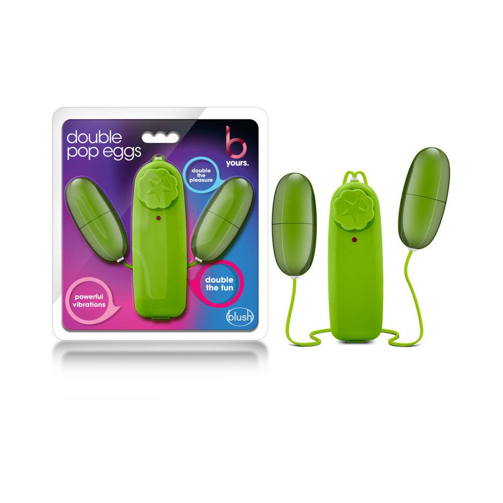 B Yours Double Pop Eggs lime green remote-controlled dual bullet vibrator with adjustable vibrations and waterproof eggs.