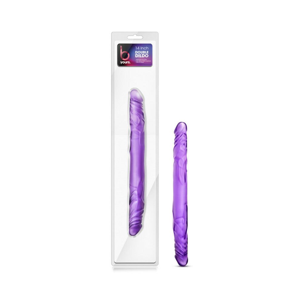 Purple B Yours Double Dildo in packaging and standalone view, multiple sizes and colors, body-safe PVC, flexible and waterproof design for versatile pleasure