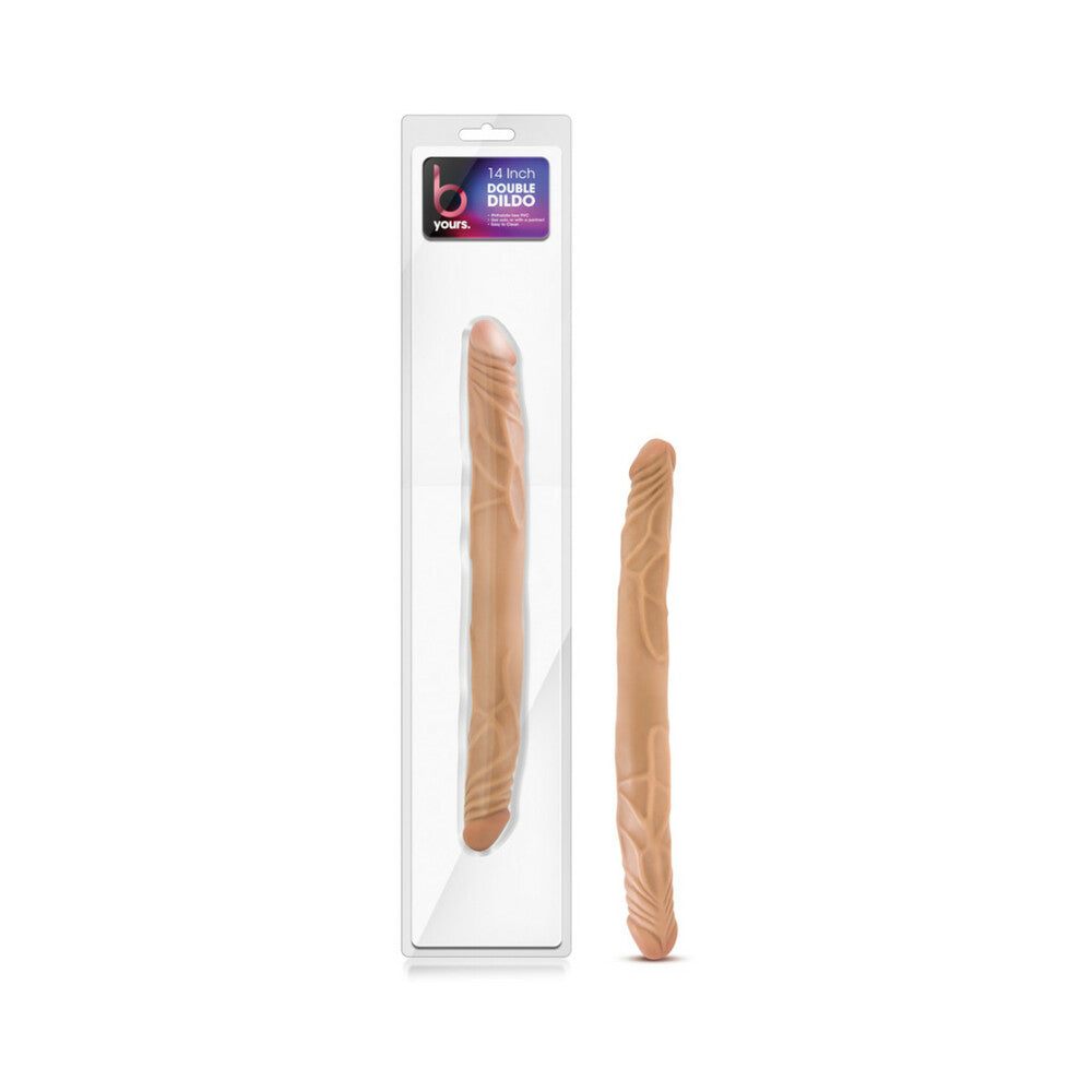 B Yours Double Dildo in flesh tone with realistic texture, shown in clear packaging and alone for versatile shared pleasure.