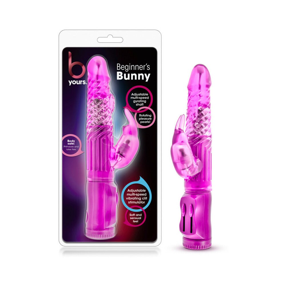 Pink B Yours Beginner's Bunny rabbit vibrator with adjustable rotating beads and clitoral stimulator, body-safe TPE.