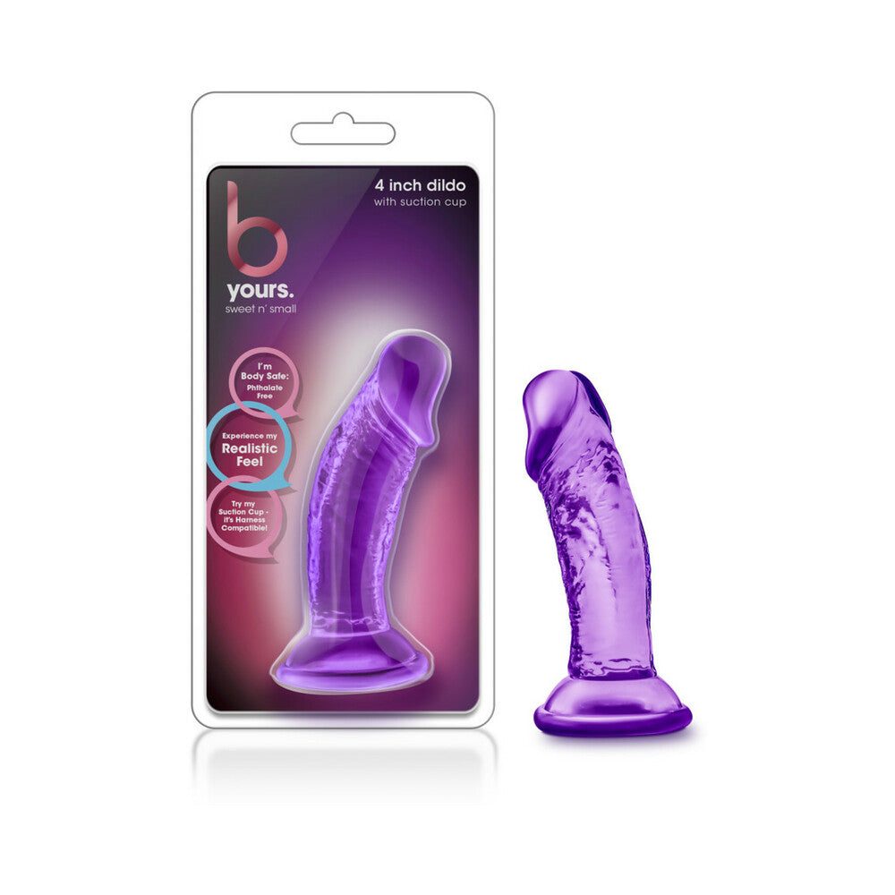 B Yours Sweet n' Small 4 inch purple dildo with suction cup base, compact and body-safe design for gentle pleasure