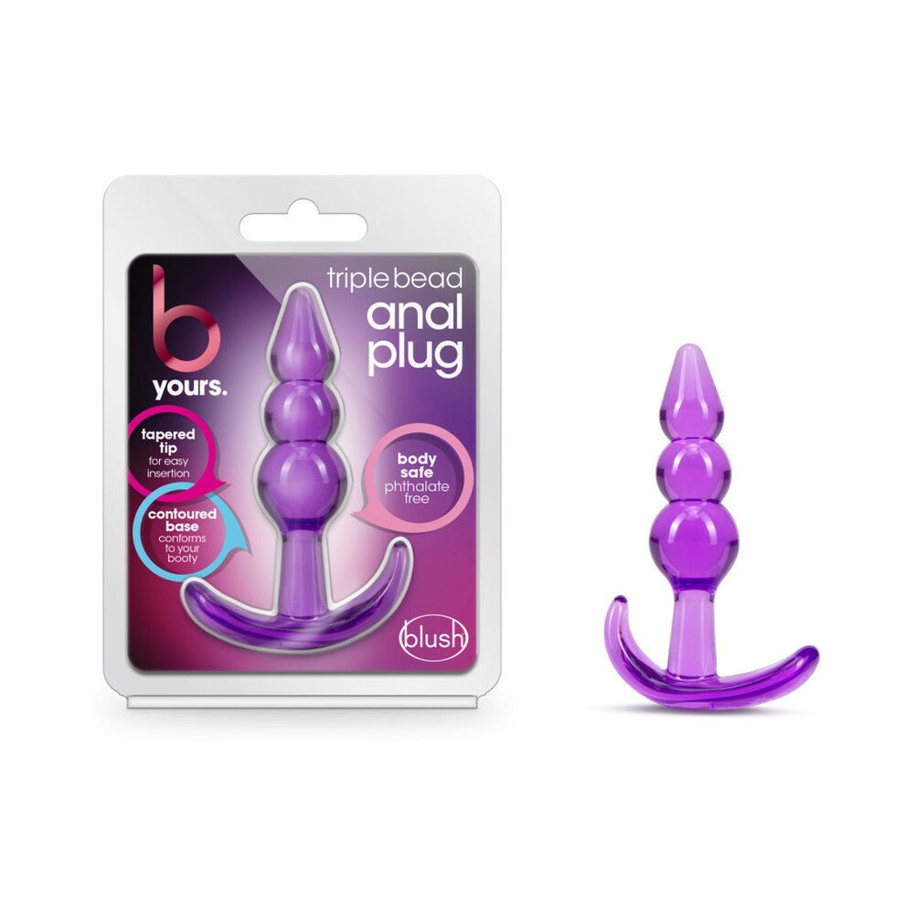B Yours Triple Bead anal plug in purple with three flexible beads and tapered tip for comfortable insertion and safe anchor base