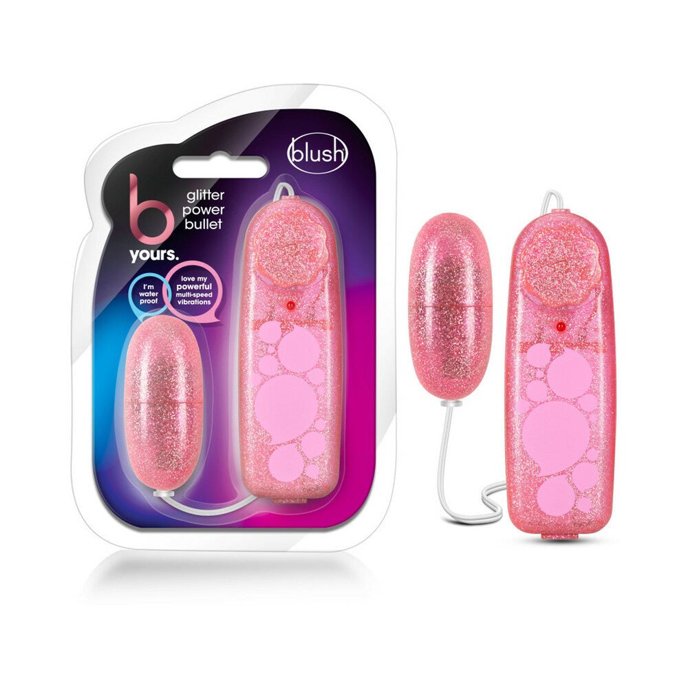 B Yours Glitter Power Bullet pink remote-controlled waterproof vibrator with multi-speed settings and handheld controller.