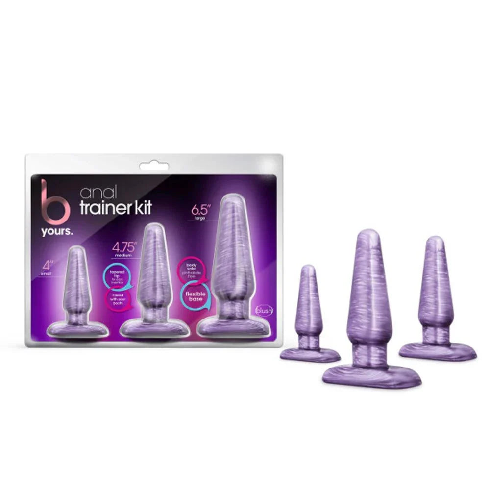 B Yours 3-piece anal trainer kit in purple swirl with three progressively sized plugs and flexible bases for safe, comfortable use.