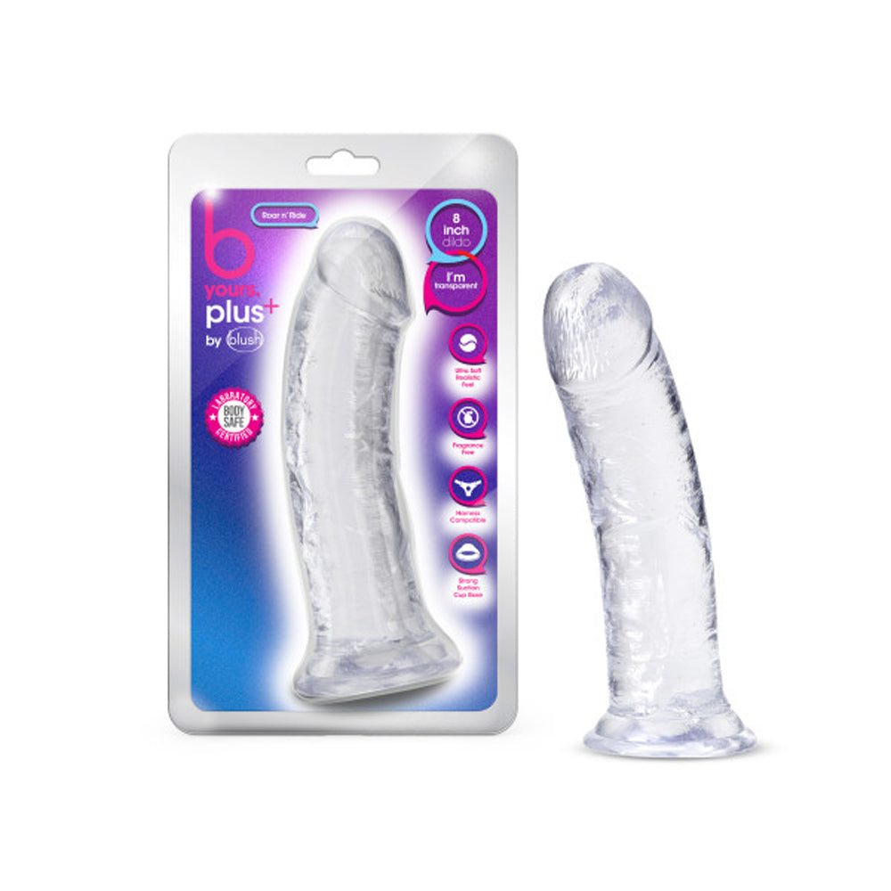 B Yours Plus Roar n' Ride 8 in. clear dildo with suction cup base and realistic soft texture