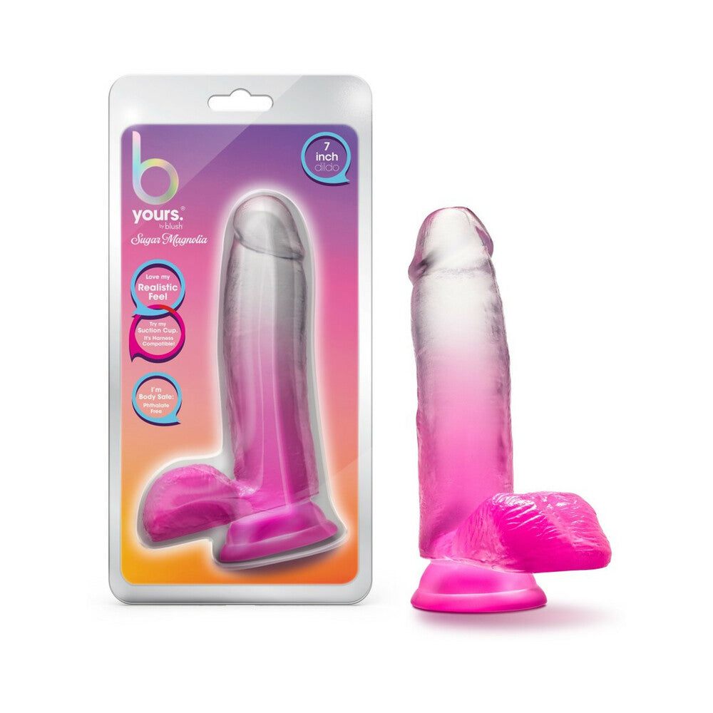 B Yours Sugar Magnolia 7-inch fuchsia dildo with realistic balls and suction cup base in packaging and standalone.